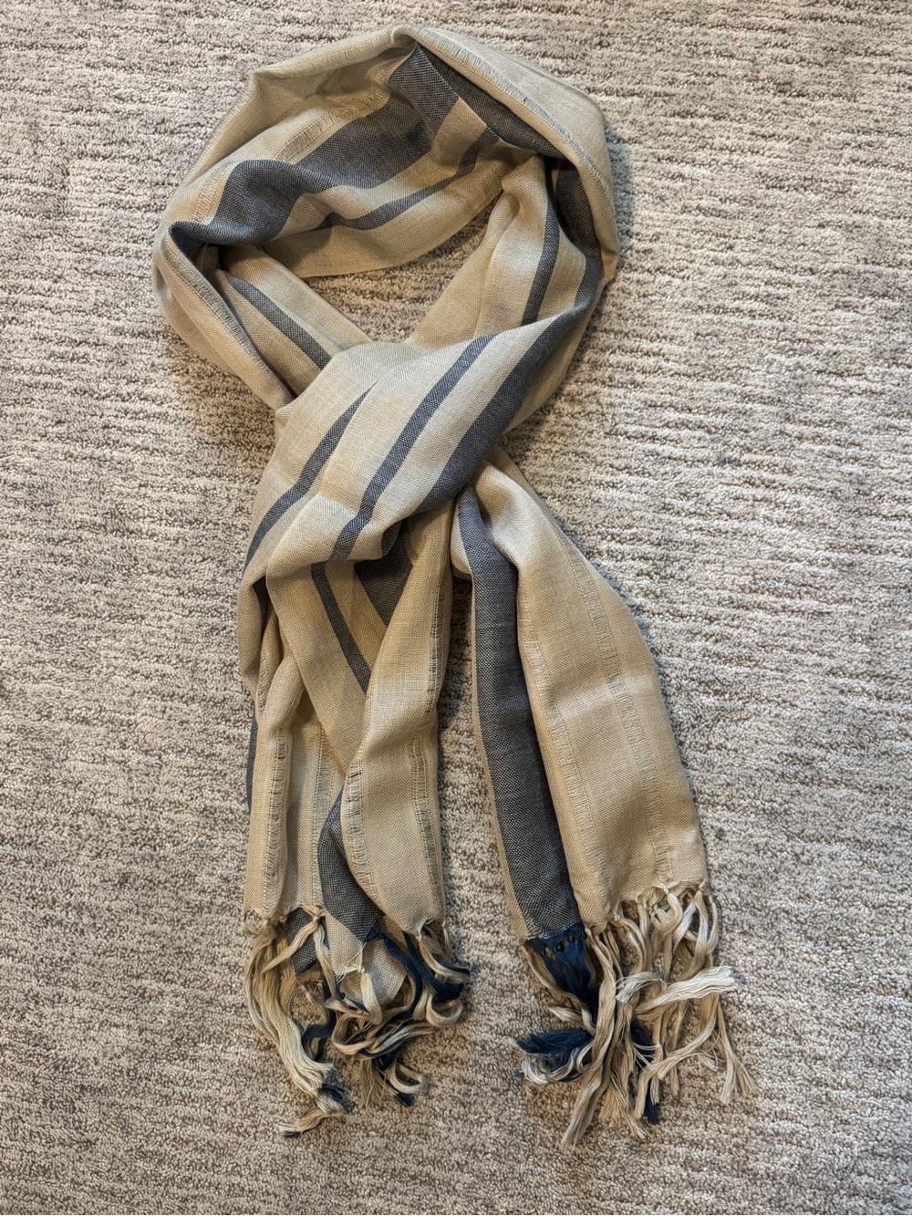 Oscar de la Renta Striped Tan and Navy Lightweight Long Scarf w/ Fringe